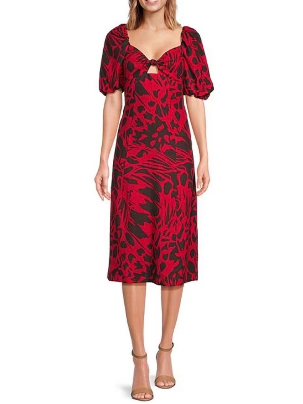 Everly Red and Black Puff-Sleeve Midi Dress